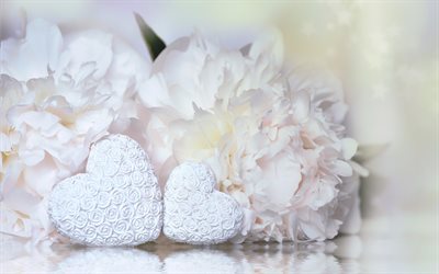 blanc, coeur, amour, concepts, bouquet de fleurs, un mariage, des concepts, des pivoines