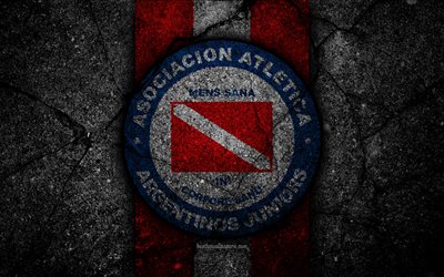 4k, Argentinos Juniors FC, logo, Superliga, AAAJ, black stone, Argentina, soccer, Argentinos Juniors, football club, asphalt texture, FC Argentinos Juniors