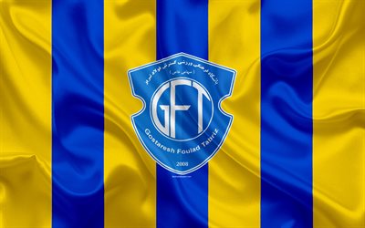 Gostaresh Foulad FC, 4k, silk texture, logo, emblem, blue yellow silk flag, Iranian football club, Tabriz, Iran, football, Persian Gulf Pro League