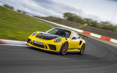 Porsche 911 GT3 RS, pista de carreras, 2018 coches, supercars, amarillo 911, los coches alemanes, Porsche