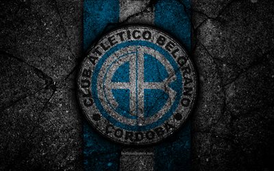 4k, Belgrano FC, logotyp, Superliga, AAAJ, svart sten, Argentina, fotboll, Belgrano, football club, asfalt konsistens, FC Belgrano