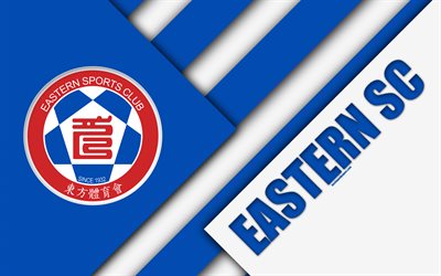 ost-sc, 4k, logo, hong kong football club, material, design, blau, wei&#223; abstraktion, emblem, fu&#223;ball-hong kong premier league