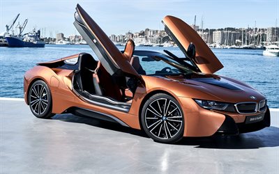 BMW i8 Roadster, 2018, sports electric car, side view, lambo doors, new bronze i8, sports cars, BMW