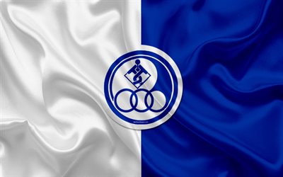 Esteghlal Khuzestan FC, 4k, textura de seda, logotipo, emblema, color azul bandera de seda blanca, Iran&#237; de f&#250;tbol del club, Ahwaz, Ir&#225;n, el f&#250;tbol, el Golfo p&#233;rsico Pro League
