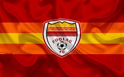 Foolad FC, 4k, silk texture, logo, emblem, red orange silk flag, Iranian football club, Ahwaz, Iran, football, Persian Gulf Pro League