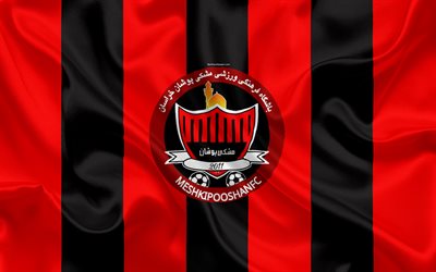 Meshki Pooshan FC, 4k, silk texture, logo, emblem, red black silk flag, Iranian football club, Mashhad, Iran, football, Persian Gulf Pro League