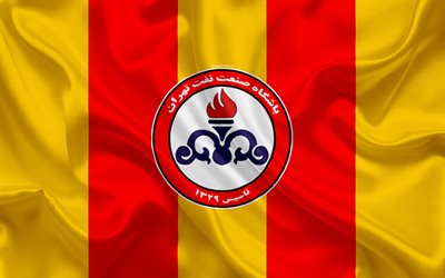 Naft Tehran FC, 4k, silk texture, logo, emblem, red yellow silk flag, Iranian football club, Tehran, Iran, football, Persian Gulf Pro League