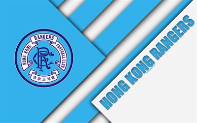 هونغ كونغ رينجرز, 4k, شعار, هونغ كونغ لكرة القدم, تصميم المواد, الأزرق الأبيض التجريد, كرة القدم, هونغ كونغ الدوري الممتاز