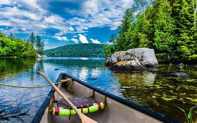 tourism, boating, lake, mountain landscape, summer, Quebec, Canada