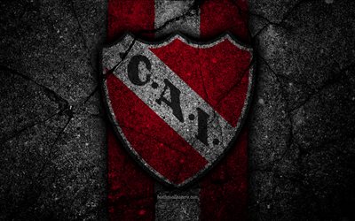 4k, Independiente FC, logo, Superliga, AAAJ, black stone, Argentina, soccer, Independiente, football club, asphalt texture, FC Independiente