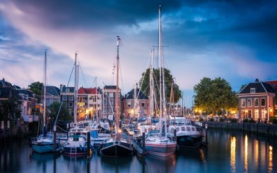 Dordrecht, city lights, yachts, embankment, evening, Netherlands
