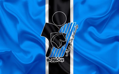Paykan FC, 4k, textura de seda, logotipo, emblema, color azul de seda negra bandera Iran&#237; de f&#250;tbol del club, los Dioses, el Ir&#225;n, el f&#250;tbol, el Golfo p&#233;rsico Pro League