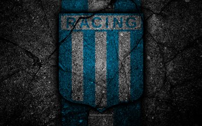 4k, Racing FC, logo, Superliga, AAAJ, black stone, Argentina, soccer, Racing, football club, asphalt texture, FC Racing