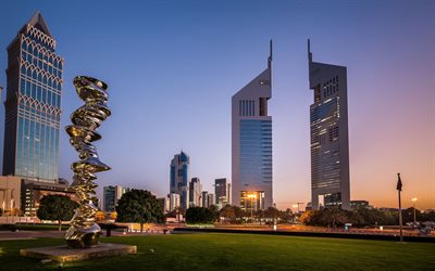 Emirates Towers, skyscrapers, Dubai, evening, sunset, modern statues, UAE