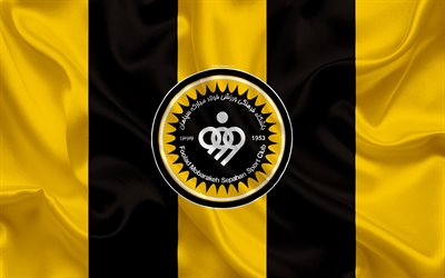 Sepahan SC, 4k, ipek doku, logo, amblem, sarı, siyah ipek bayrak, İranlı Futbol Kul&#252;b&#252;, İsfahan, İran, futbol, Pro Basra K&#246;rfezi Ligi