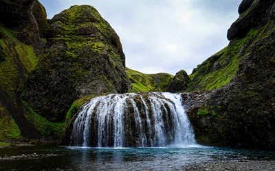 waterfall, lake, Iceland, mountain waterfall, moss, stones