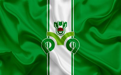 Zob Ahan FC, 4k, silk texture, logo, emblem, green white silk flag, Iranian football club, Isfahan, Iran, football, Persian Gulf Pro League