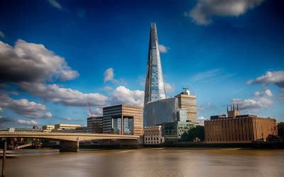 The Shard, skyscrapers, modern architecture, white clouds, London, England