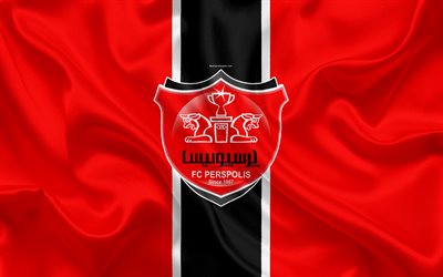 Persepolis FC, 4k, silkki tekstuuri, logo, tunnus, punainen musta silkki lippu, Iranin jalkapalloseura, Teheran, Iran, jalkapallo, Persian Gulf Pro League