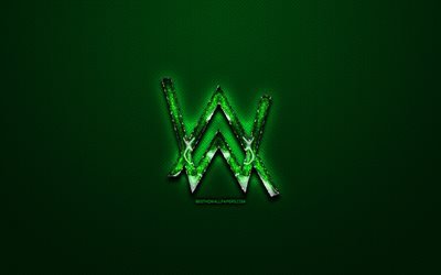 Alan Walker green logo, music brands, green vintage background, artwork, Alan Walker, brands, Adidas glass logo, creative, Alan Walker logo