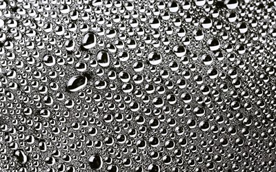 water drops texture, 4k, gray backgrounds, water drops, water backgrounds, dew texture, drops texture, water, drops on black background