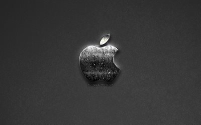 apple-logo, grauer hintergrund, kreative metall-logo, emblem, apple