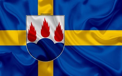 Coat of arms of Vastmanland lan, 4k, silk flag, Swedish flag, Vastmanland County, Sweden, flags of the Swedish lan, silk texture, Vastmanland lan, coat of arms