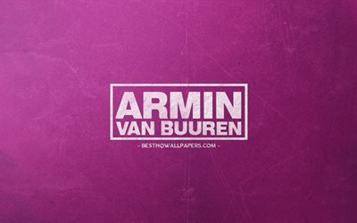 Armin van Buuren, emblem, lila retro bakgrund, logotyp, vit krita logotyp, Holl&#228;ndska DJ