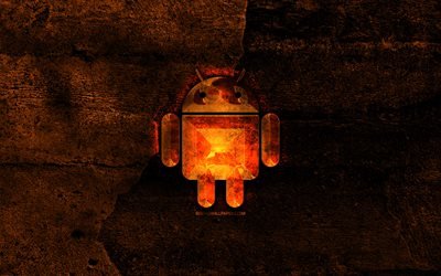 Android brinnande logotyp, orange sten bakgrund, Android, kreativa, Android-logotypen, varum&#228;rken