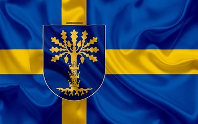 Coat of arms of Blekinge lan, 4k, silk flag, Swedish flag, Blekinge County, Sweden, flags of the Swedish lan, silk texture, Blekinge lan, coat of arms