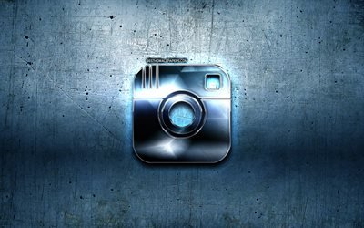 Instagram metal logo, blue metal background, artwork, Instagram, brands, Instagram 3D logo, creative, Instagram logo