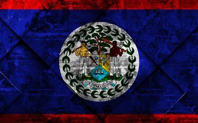 Bandeira de Belize, 4k, grunge arte, rombo textura grunge, Belize bandeira, Am&#233;rica Do Norte, s&#237;mbolos nacionais, Belize, arte criativa