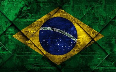 Flaggan i Brasilien, 4k, grunge konst, rhombus grunge textur, Brasiliansk flagga, Sydamerika, nationella symboler, Brasilien, kreativ konst