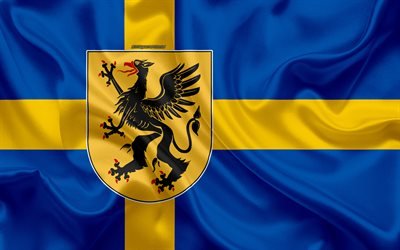 Coat of arms of Sodermanland lan, 4k, silk flag, Swedish flag, Sodermanland County, Sweden, flags of the Swedish lan, silk texture, Sodermanland lan, coat of arms