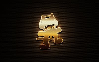 Monstercat glitter logo, creative, metal grid background, Monstercat 3D logo, brands, Monstercat