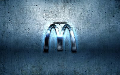 McDonalds metal logo, mavi metal arka plan, sanat, McDonalds, marka, logo 3D McDonalds, yaratıcı, McDonalds logosu