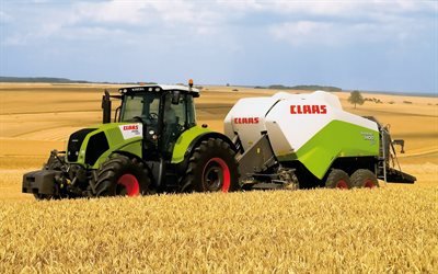 Claas Axion 850, Claas Quadrant 3400, straw harvesting, modern agricultural machinery, tractor, wheat field, wheat harvesting concepts