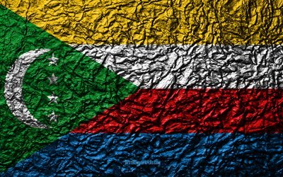Bandiera delle Comore, 4k, pietra, texture, onde texture, Comore, bandiera, nazionale, simbolo, Africa, sfondo di pietra