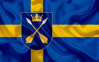 wappen von dalarna-lan, 4k, seide flagge, schwedische flagge, dalarna, schweden, flaggen der schwedischen lan, seide textur, dalarna lan, wappen