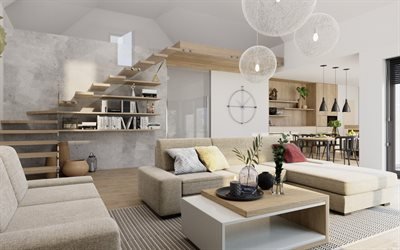 stylish interior of the living room, two-floor apartments, stylish wooden staircase, modern interior design