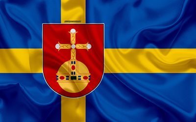 Vaakuna on Uppsalan lan, 4k, silkki lippu, Ruotsin lippu, Uppsala County, Ruotsi, liput ruotsin lan, silkki tekstuuri, Uppsala lan, vaakuna