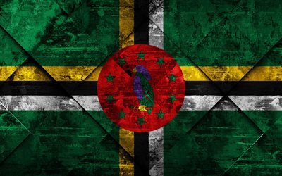 Dominika bayrağı, 4k, grunge sanat, rhombus grunge doku, Kuzey Amerika, ulusal semboller, Dominika, yaratıcı sanat