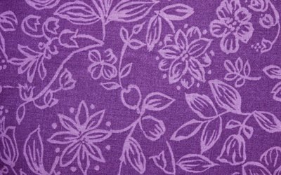 purple texture with flowers, floral ornaments background, fabric texture, purple fabric background
