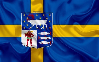 Bras&#227;o de armas de Vasterbotten lan, 4k, seda bandeira, Bandeira sueca, Vasterbotten Condado, Su&#233;cia, bandeiras do sueco lan, textura de seda, Vasterbotten lan, bras&#227;o de armas