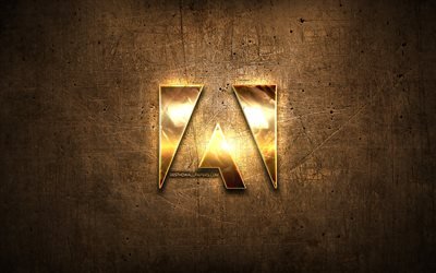 Adobe golden logo, artwork, brown metal background, creative, Adobe logo, brands, Adobe
