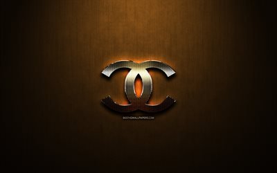 Chanel glitter logo, cr&#233;atif, bronze, m&#233;tal, fond, logo Chanel, marques Chanel
