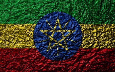 Etiopian lippu, 4k, kivi rakenne, aallot rakenne, kansallinen symboli, Etiopia, Afrikka, kivi tausta