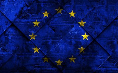 Avrupa Birliği bayrağı, 4k, grunge sanat, rhombus grunge doku, AB bayrağı, Avrupa, uluslararası kuruluşlar, Avrupa Birliği, yaratıcı sanat