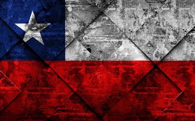 Chilen lippu, 4k, grunge art, rhombus grunge tekstuuri, Etel&#228;-Amerikassa, kansalliset symbolit, Chile, creative art
