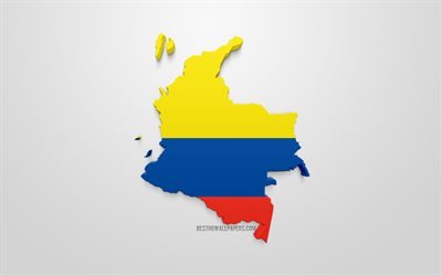 3d-flagga i Colombia, karta siluett of Colombia, 3d-konst, colombianska flaggan, Sydamerika, Colombia, geografi, Colombia 3d siluett